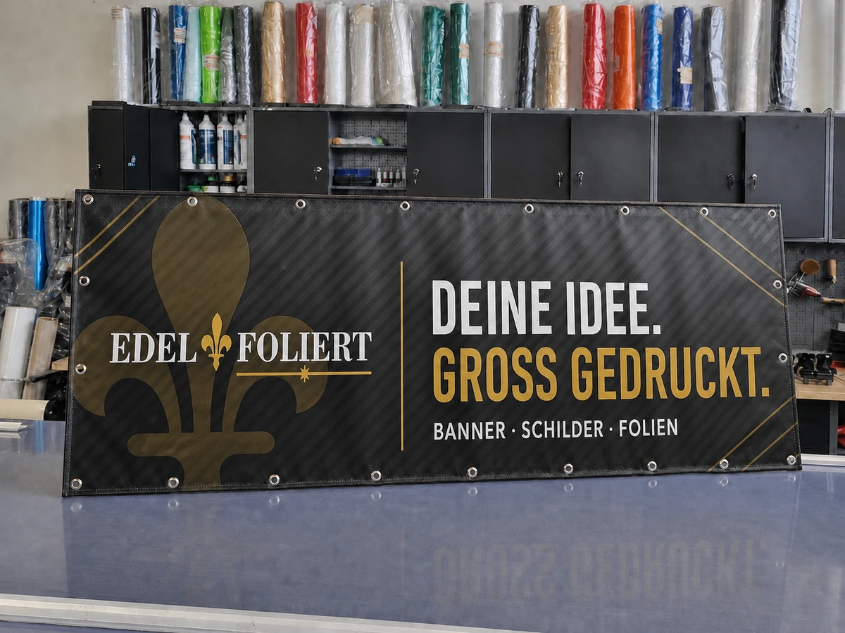 Werbebanner auf dem Schneidetisch in der Edelfoliert Werkstatt Limburg