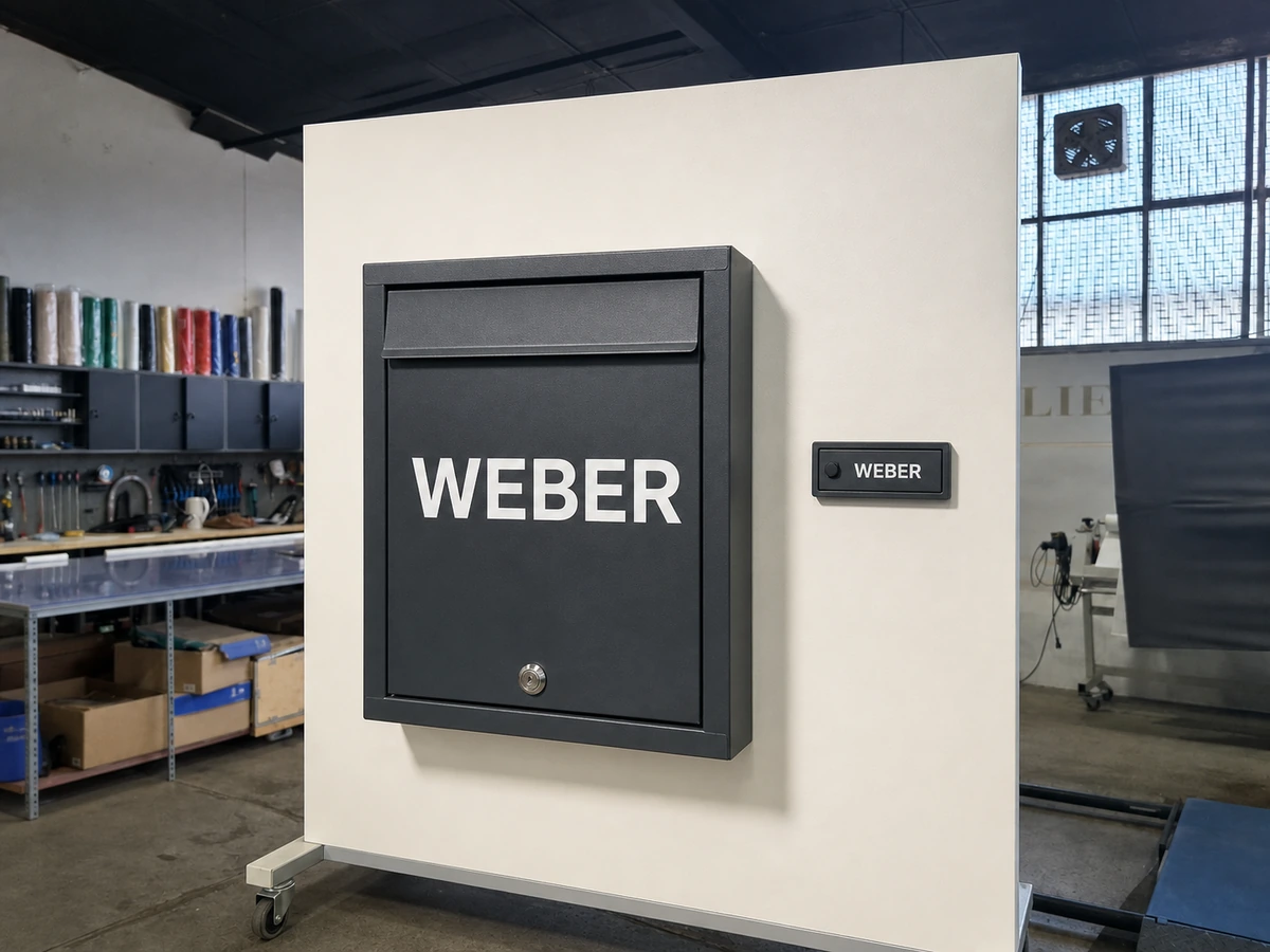 Briefkasten und Klingelschild mit weißen WEBER-Aufklebern auf einer Musterwand in der Edelfoliert Werkstatt