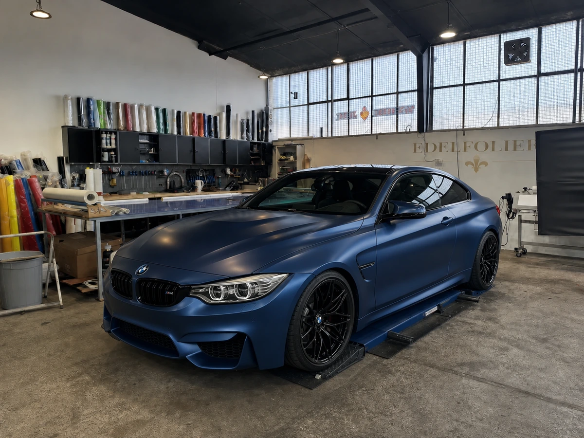 Satin-petrolblau folierter BMW M4 F82 auf der Hebebühne in der Edelfoliert Werkstatthalle