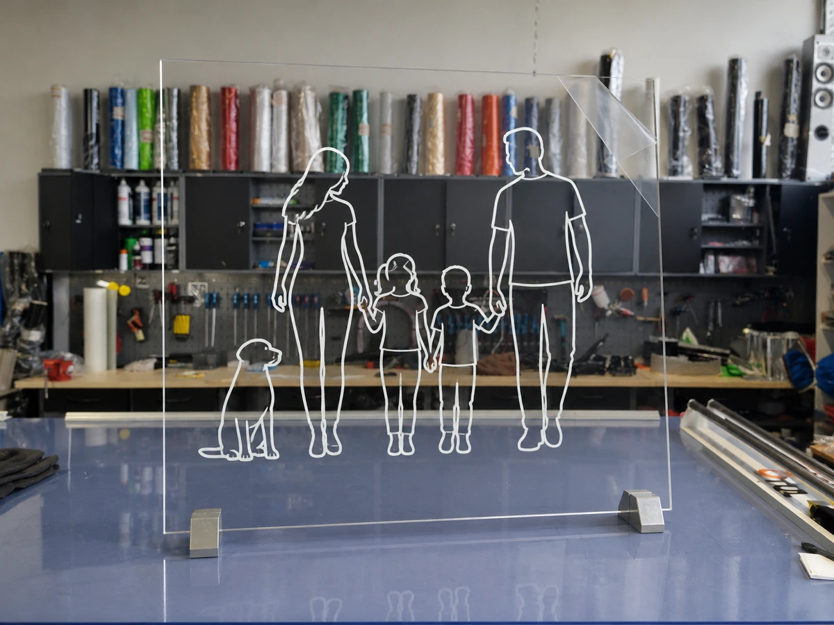Weißer Familienaufkleber auf transparenter Musterplatte am Schneidetisch in der Edelfoliert Werkstatt