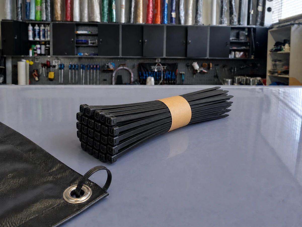 Gebündelte schwarze Kabelbinder neben einer Banneröse in der Edelfoliert Werkstatt