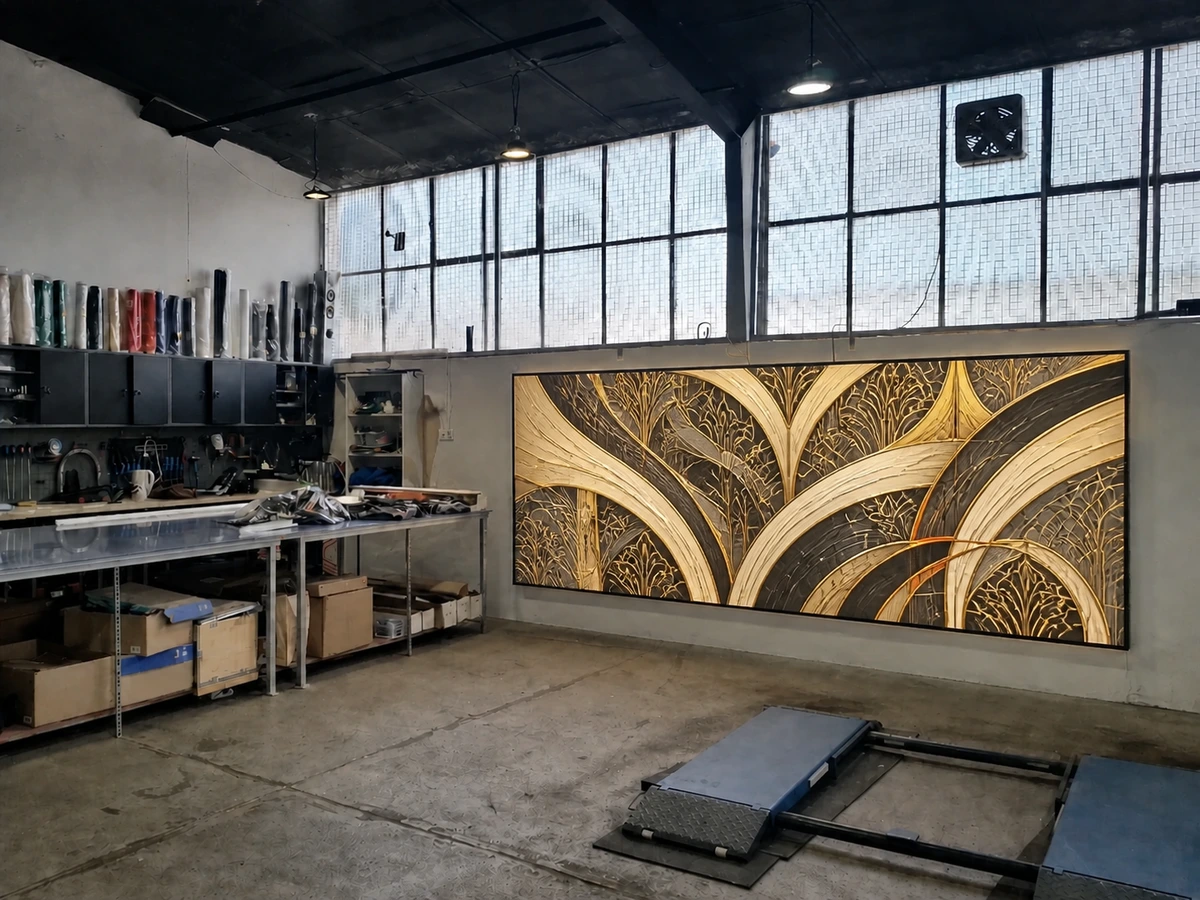 Beleuchteter LED-Leuchtrahmen mit vollflächigem Art-Déco-Backlit-Druck in der Edelfoliert Werkstatthalle