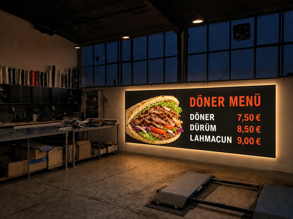 Leuchtender LED-Spannrahmen mit Döner-Speisekarte in der abgedunkelten Edelfoliert Werkstatthalle