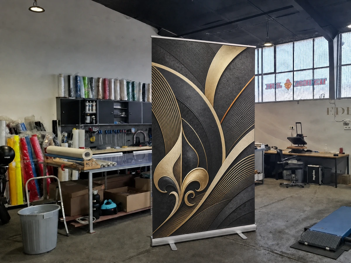 Aufgestelltes Roll-up mit vollflächigem Gold-Graphit-Muster in der Edelfoliert Werkstatthalle