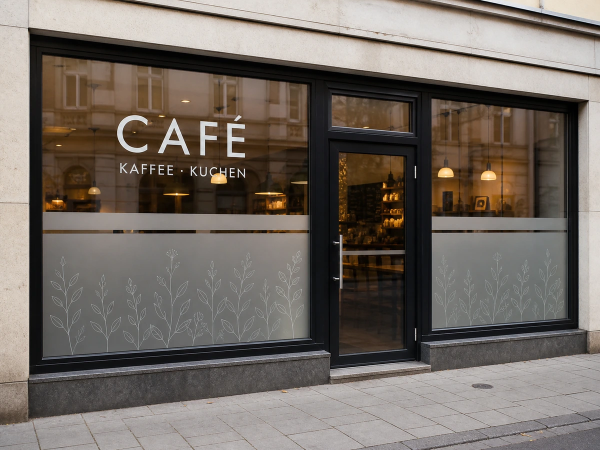 Café-Ladenfront mit Schaufensterbeschriftung und dekorativer Milchglas-Sichtschutzfolie