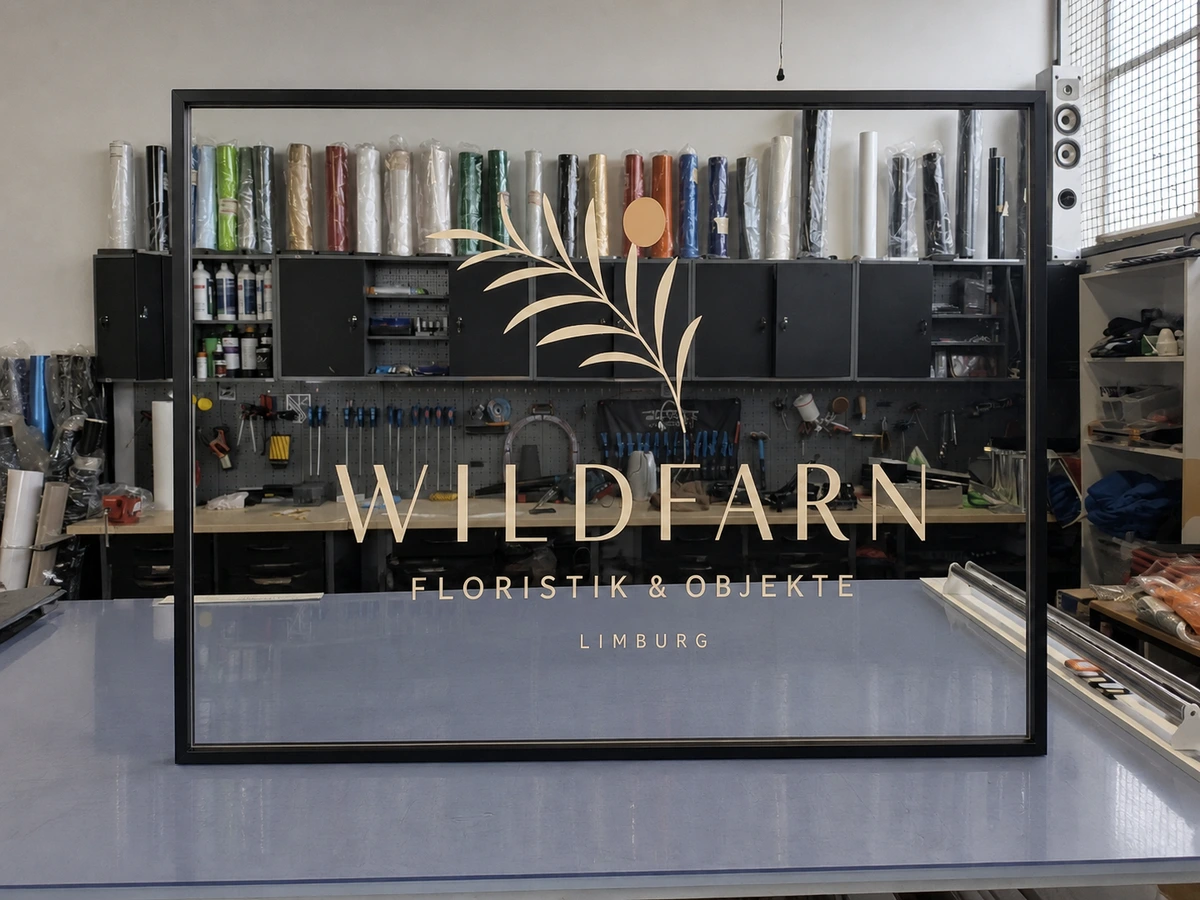 Goldener Plott-Schriftzug WILDFARN auf einer transparenten Musterwand in der Edelfoliert Werkstatt
